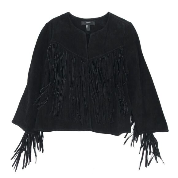 Forever 21 Jackets & Blazers - 100% Leather Jacket Suede Cropped Western Boho Fringe Tassel Horse Girl Black